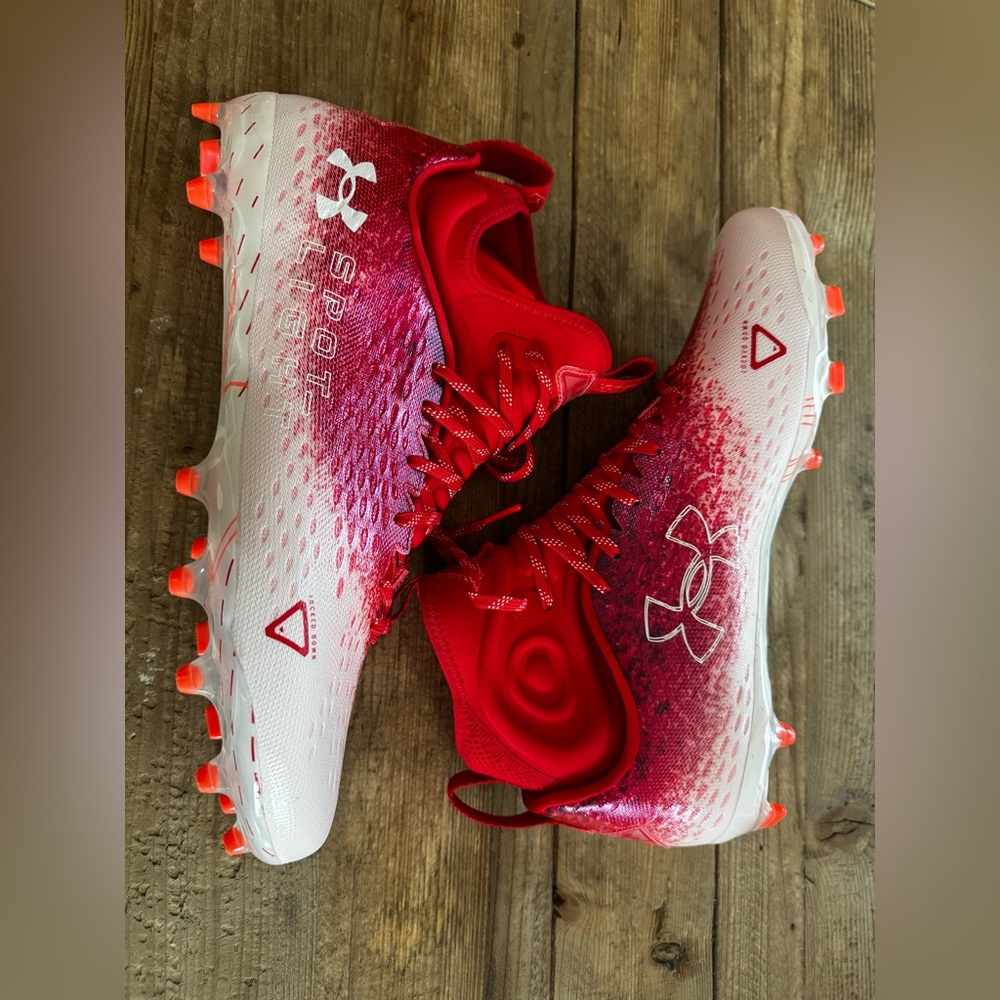 New UNDER ARMOUR Spotlight Lux 2 MC Red White Football Cleats Mens Sz 13 $130 - Picture 2 of 5